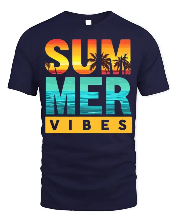 Summer Vibes Beach Sunset T-Shirt Bold Tropical Tee - navy t-shirt on white background