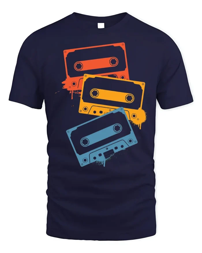 Retro Cassette Tape T-Shirt Vintage 80s Music Tee - navy t-shirt on white background