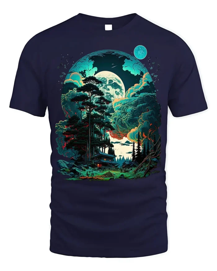 Fantasy Forest Cabin T-Shirt Mystical Moonlight Tee - navy t-shirt on white background