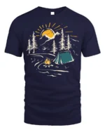 Sunset Camping Scene T-Shirt Cozy Campfire Forest Tee - navy t-shirt on white background