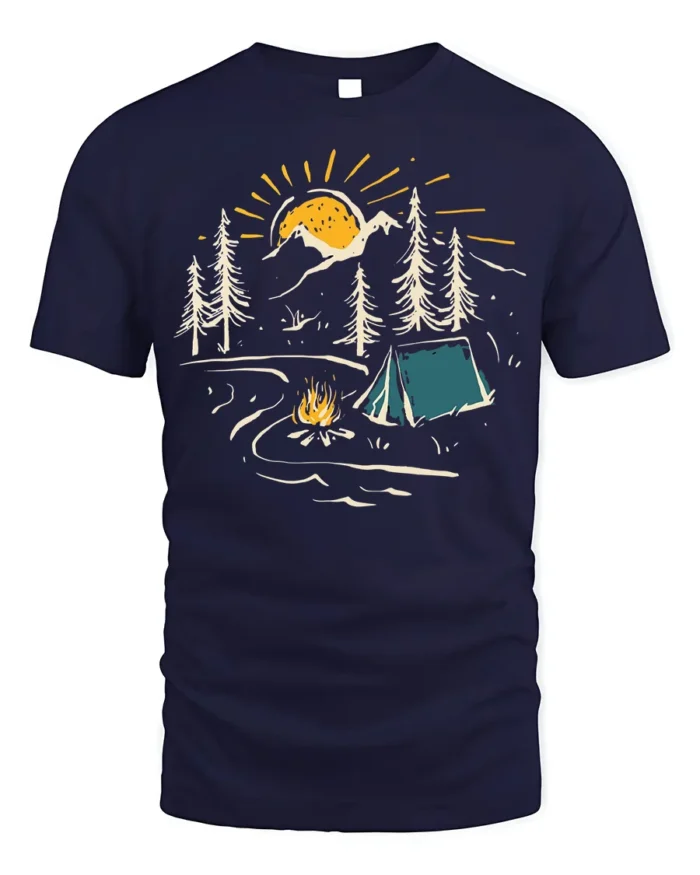 Sunset Camping Scene T-Shirt Cozy Campfire Forest Tee - navy t-shirt on white background