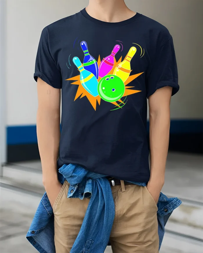 Neon Bowling Strike Graphic T-Shirt Soft Cotton - model wearing navy shirt, hands in pockets