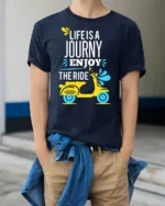 Life Is a Journey Enjoy the Ride Scooter T-Shirt - model wearing navy shirt, hands in pockets