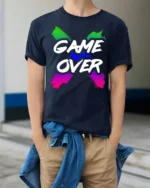 Game Over Graphic T-Shirt Soft Cotton Retro Gamer Tee - model wearing navy shirt, hands in pockets