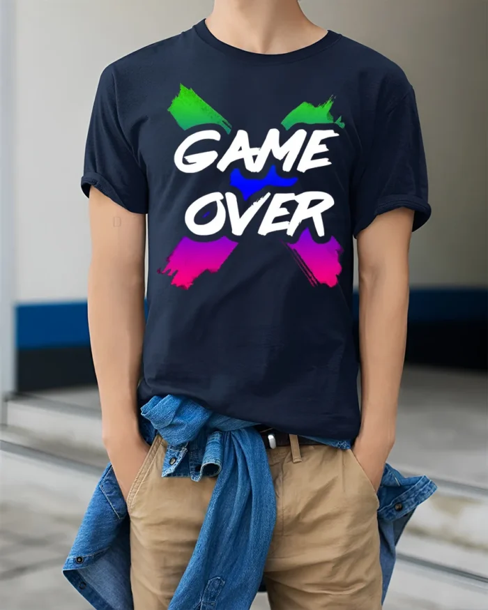 Game Over Graphic T-Shirt Soft Cotton Retro Gamer Tee - model wearing navy shirt, hands in pockets
