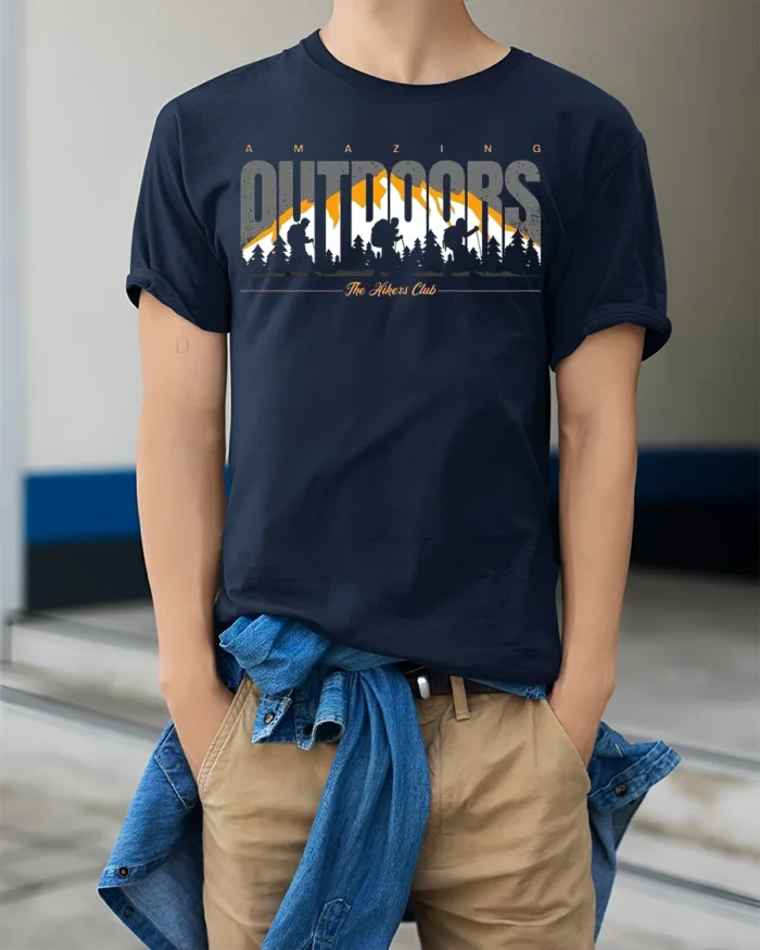 Amazing Outdoors Hiking T-Shirt Soft Cotton Trail Tee - model wearing navy shirt, hands in pockets