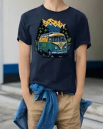 Adventure Van T-Shirt Retro Camping Tee for Nature Lovers - model wearing navy shirt, hands in pockets
