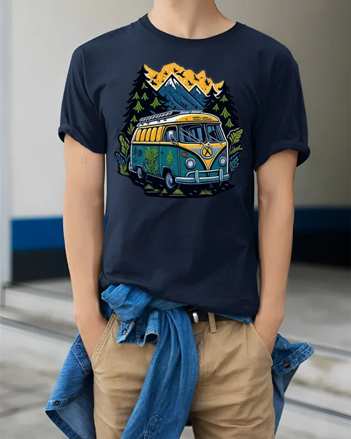 Adventure Van T-Shirt Retro Camping Tee for Nature Lovers - model wearing navy shirt, hands in pockets