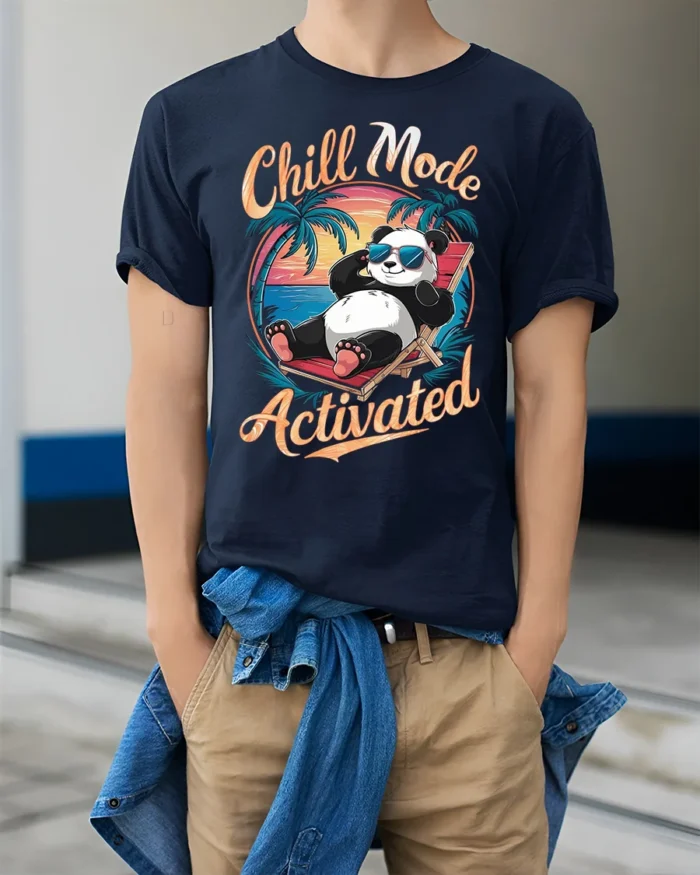 Chill Mode Activated T-Shirt Funny Relaxed Panda Tee - model wearing navy shirt, hands in pockets