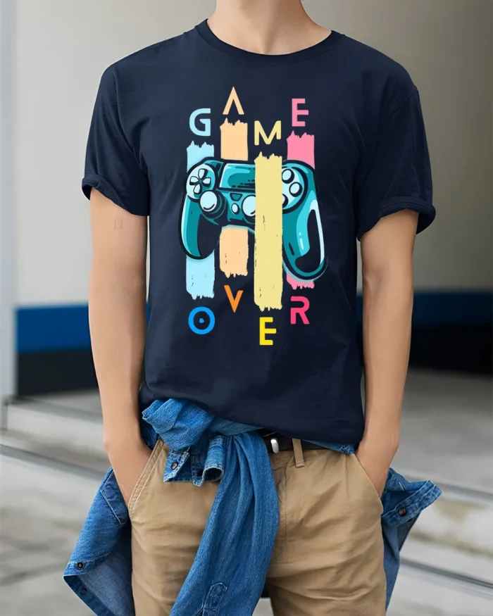 Game Over Controller T-Shirt Funny Gamer Graphic Tee - model wearing navy shirt, hands in pockets
