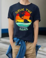Save the Seas T-Shirt Eco Earth Ocean Conservation Tee - model wearing navy shirt, hands in pockets
