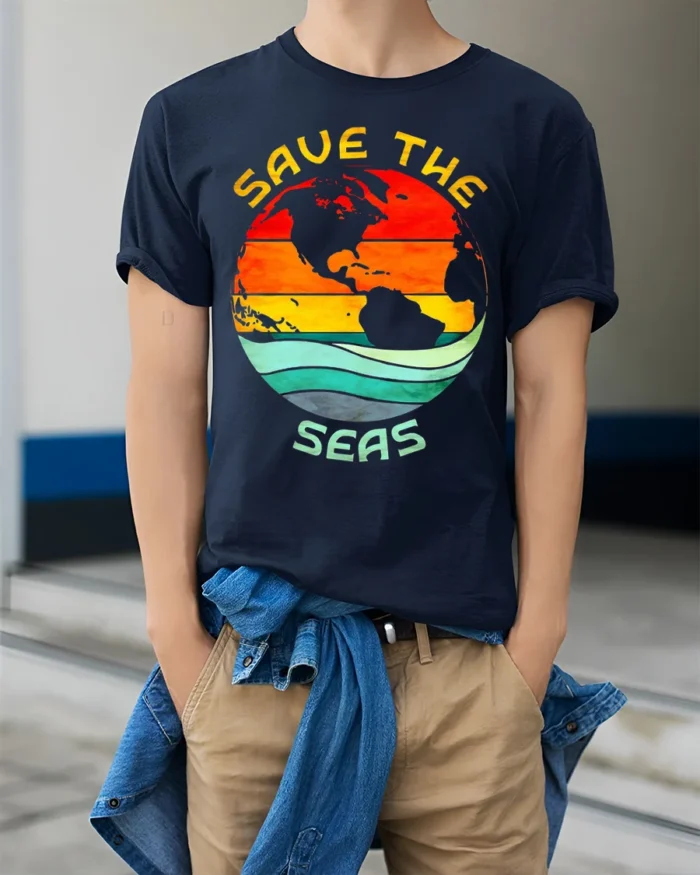 Save the Seas T-Shirt Eco Earth Ocean Conservation Tee - model wearing navy shirt, hands in pockets