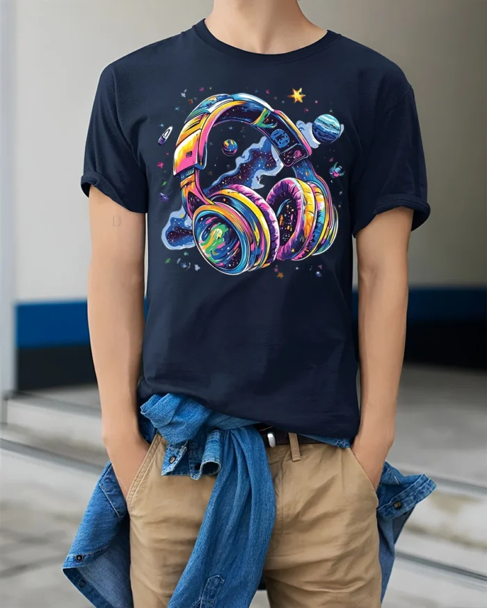 Galaxy Headphones T-Shirt Space Music Vibes Tee - model wearing navy shirt, hands in pockets