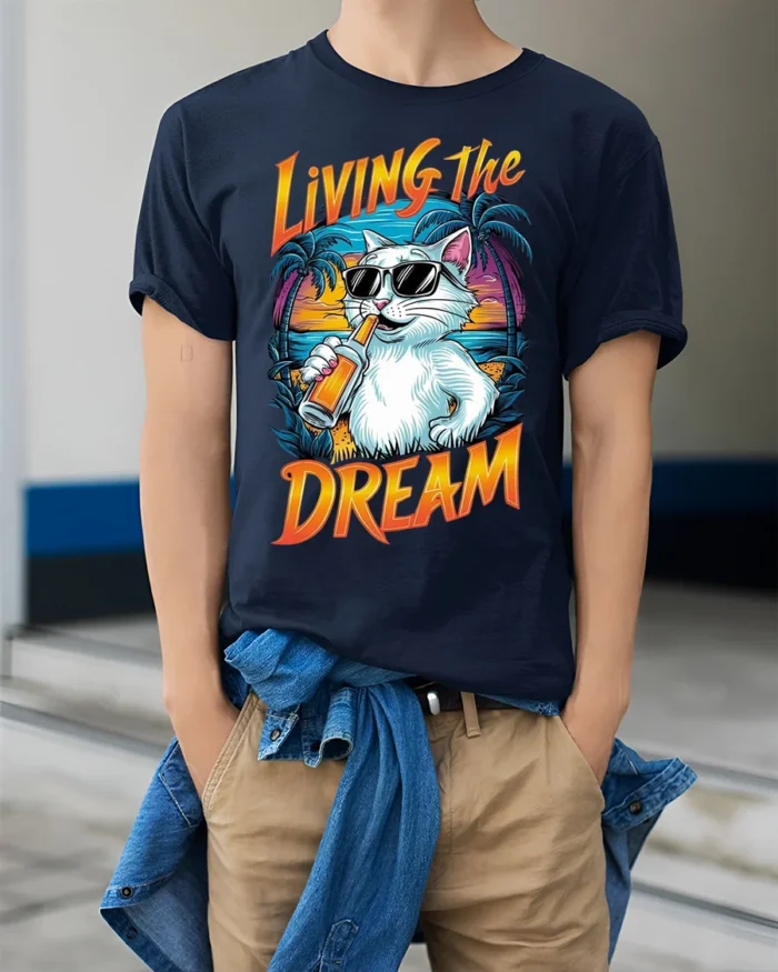 Living The Dream Cat T-Shirt Cool Beach Vibes Tee - model wearing navy shirt, hands in pockets