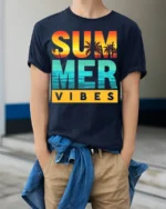 Summer Vibes Beach Sunset T-Shirt Bold Tropical Tee - model wearing navy shirt, hands in pockets