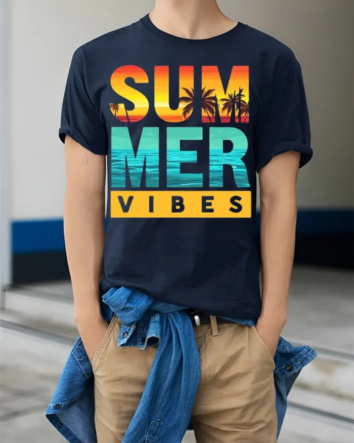 Summer Vibes Beach Sunset T-Shirt Bold Tropical Tee - model wearing navy shirt, hands in pockets