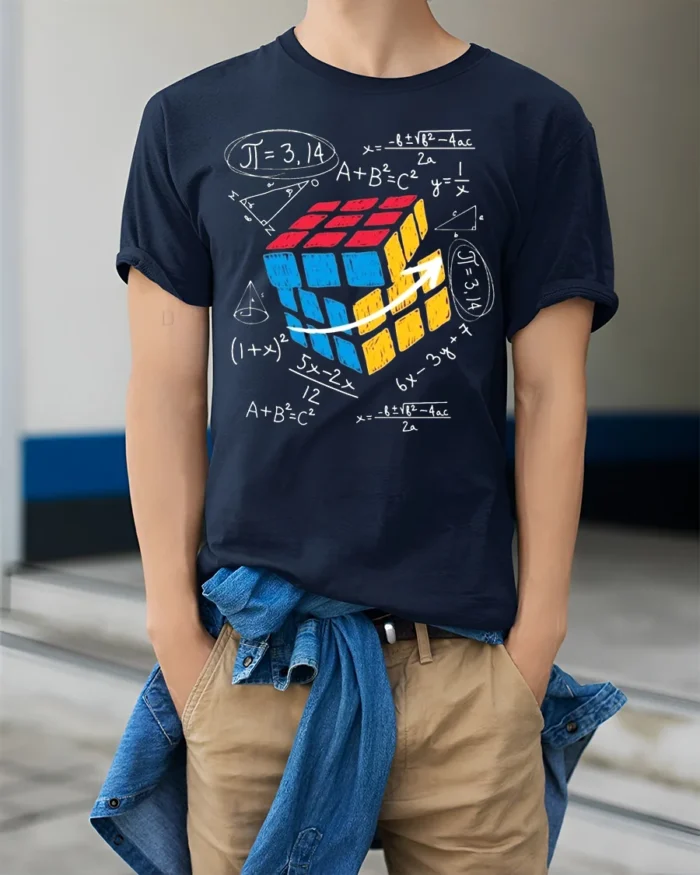 Math Puzzle Cube T-Shirt Nerdy Graphic Tee for Thinkers - model wearing navy shirt, hands in pockets