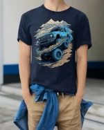 Off-Road Monster Truck T-Shirt Rugged Adventure Tee - model wearing navy shirt, hands in pockets