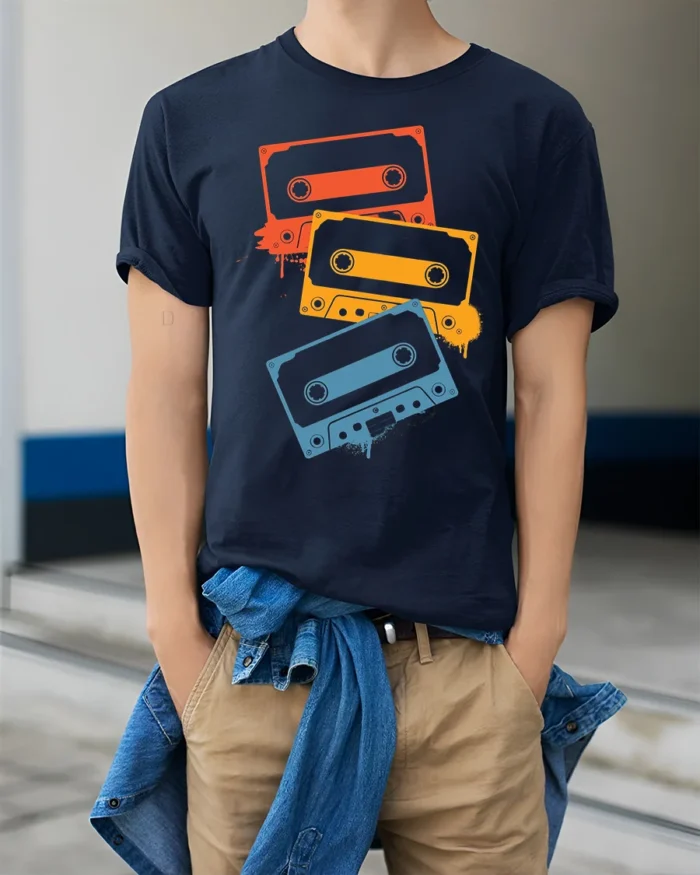 Retro Cassette Tape T-Shirt Vintage 80s Music Tee - model wearing navy shirt, hands in pockets