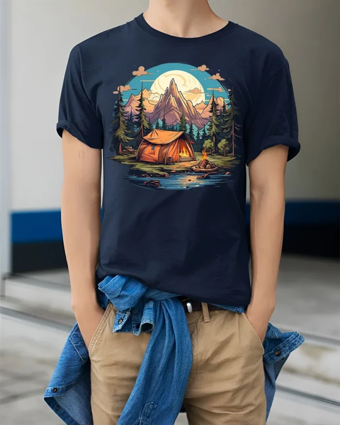 Mountain Camping Adventure T-Shirt Outdoor Nature Tee - model wearing navy shirt, hands in pockets