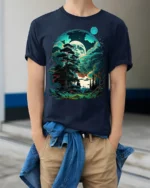 Fantasy Forest Cabin T-Shirt Mystical Moonlight Tee - model wearing navy shirt, hands in pockets