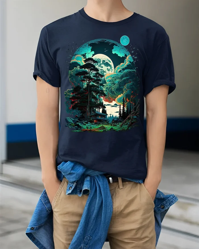 Fantasy Forest Cabin T-Shirt Mystical Moonlight Tee - model wearing navy shirt, hands in pockets
