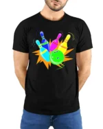 Neon Bowling Strike Graphic T-Shirt Soft Cotton - model wearing black shirt, hands behind back