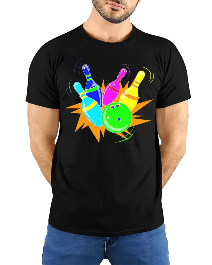 Neon Bowling Strike Graphic T-Shirt Soft Cotton - model wearing black shirt, hands behind back