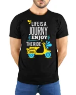 Life Is a Journey Enjoy the Ride Scooter T-Shirt - model wearing black shirt, hands behind back