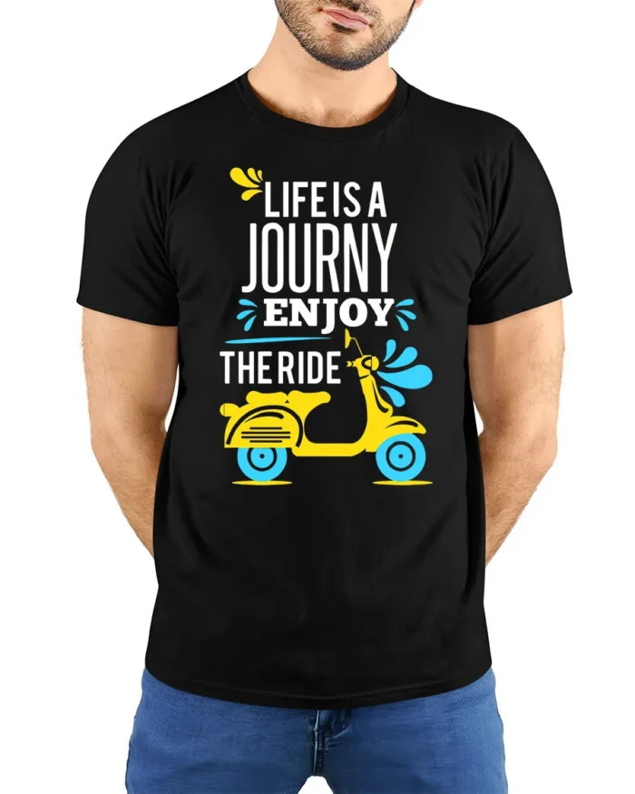 Life Is a Journey Enjoy the Ride Scooter T-Shirt - model wearing black shirt, hands behind back