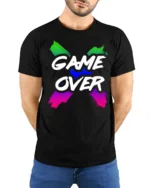 Game Over Graphic T-Shirt Soft Cotton Retro Gamer Tee - model wearing black shirt, hands behind back
