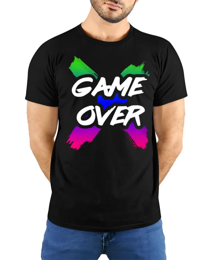 Game Over Graphic T-Shirt Soft Cotton Retro Gamer Tee - model wearing black shirt, hands behind back