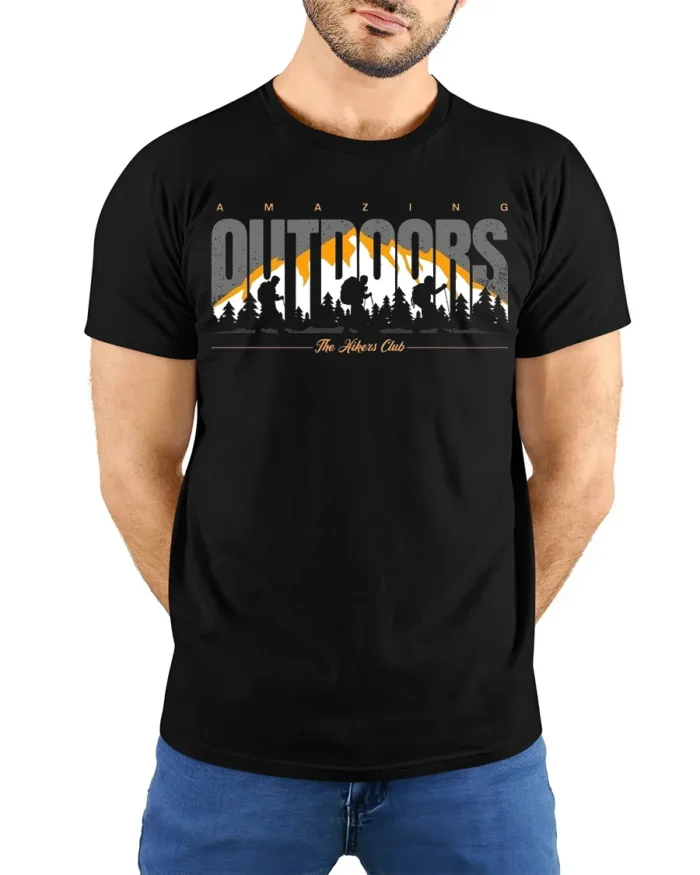 Amazing Outdoors Hiking T-Shirt Soft Cotton Trail Tee - model wearing black shirt, hands behind back