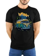 Adventure Van T-Shirt Retro Camping Tee for Nature Lovers - model wearing black shirt, hands behind back