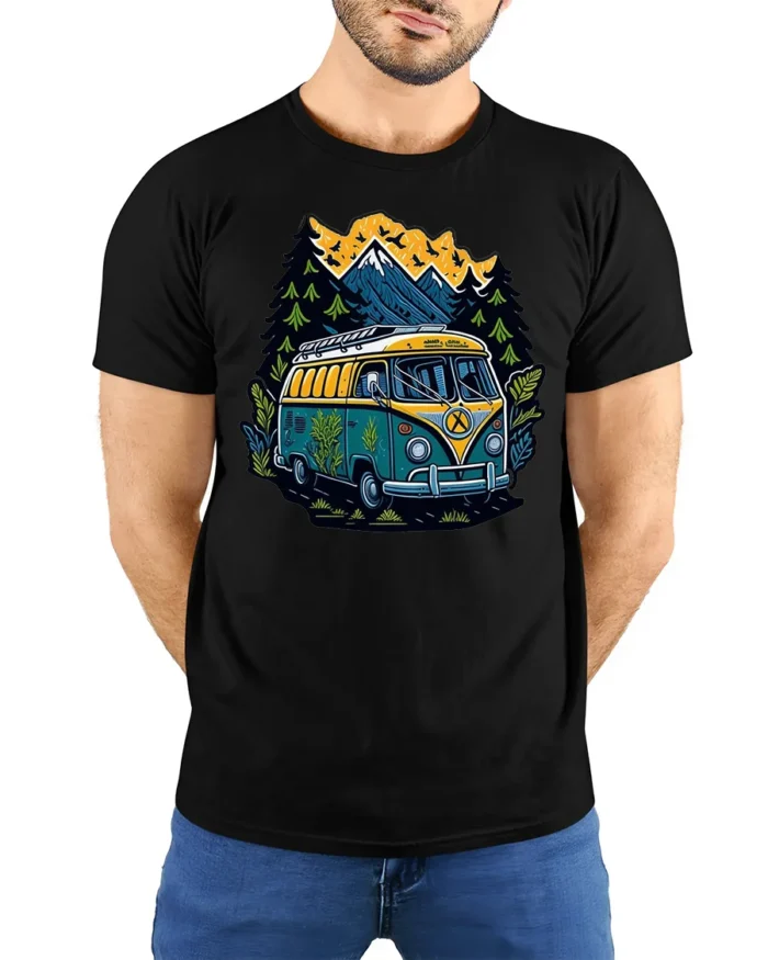 Adventure Van T-Shirt Retro Camping Tee for Nature Lovers - model wearing black shirt, hands behind back