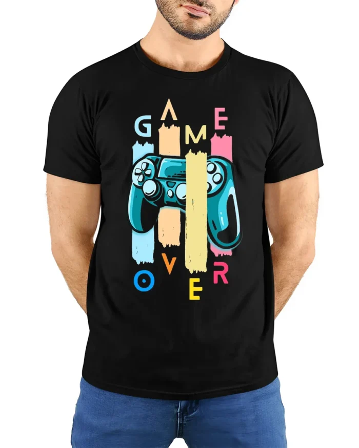 Game Over Controller T-Shirt Funny Gamer Graphic Tee - model wearing black shirt, hands behind back