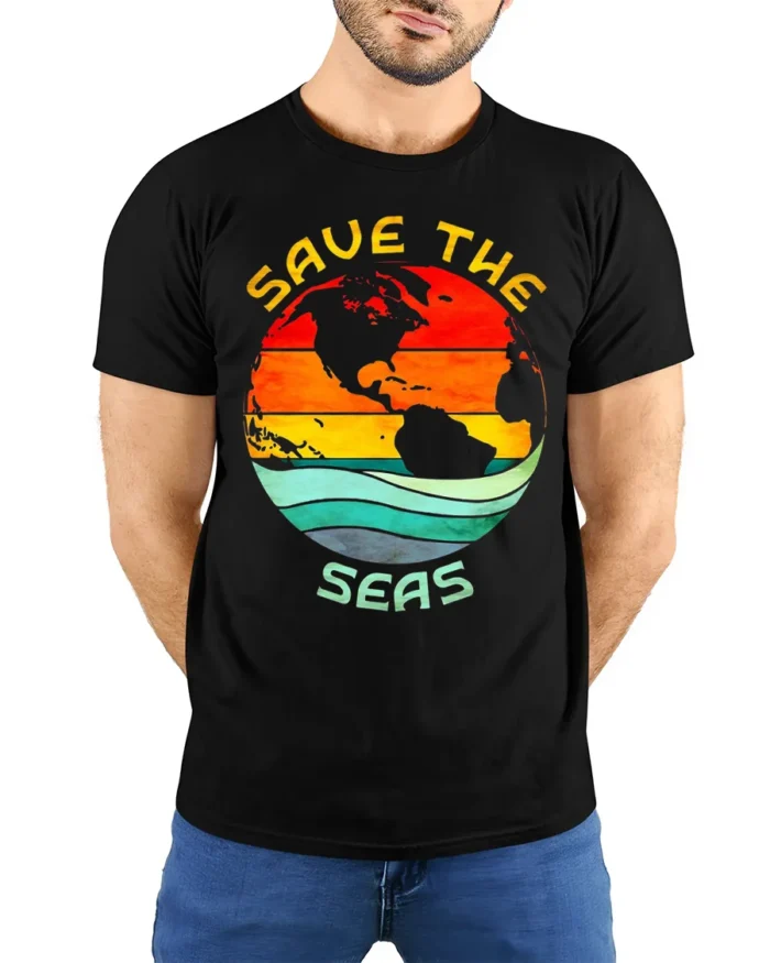 Save the Seas T-Shirt Eco Earth Ocean Conservation Tee - model wearing black shirt, hands behind back