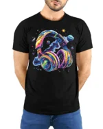 Galaxy Headphones T-Shirt Space Music Vibes Tee - model wearing black shirt, hands behind back