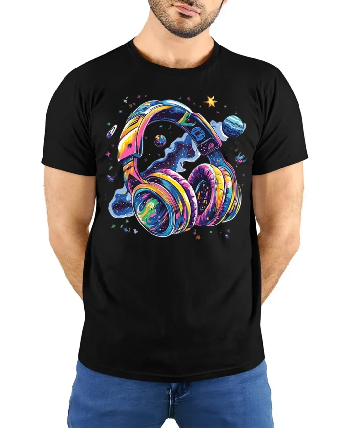 Galaxy Headphones T-Shirt Space Music Vibes Tee - model wearing black shirt, hands behind back