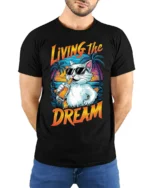 Living The Dream Cat T-Shirt Cool Beach Vibes Tee - model wearing black shirt, hands behind back
