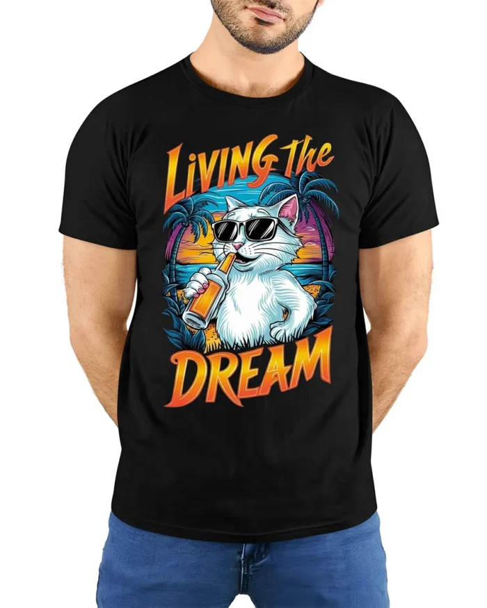 Living The Dream Cat T-Shirt Cool Beach Vibes Tee - model wearing black shirt, hands behind back
