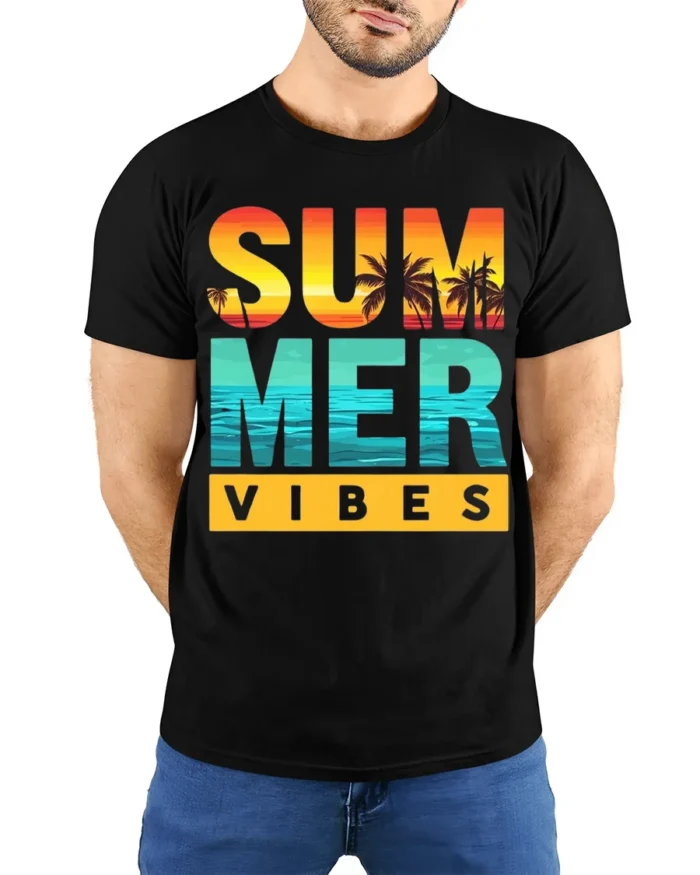 Summer Vibes Beach Sunset T-Shirt Bold Tropical Tee - model wearing black shirt, hands behind back