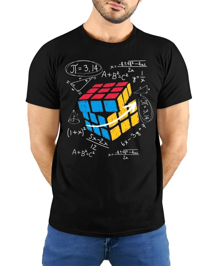 Math Puzzle Cube T-Shirt Nerdy Graphic Tee for Thinkers - model wearing black shirt, hands behind back
