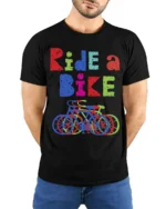 Ride a Bike T-Shirt Colorful Cycling Graphic Tee - model wearing black shirt, hands behind back