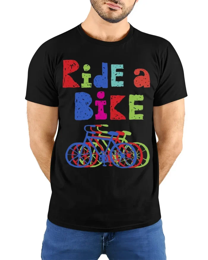 Ride a Bike T-Shirt Colorful Cycling Graphic Tee - model wearing black shirt, hands behind back
