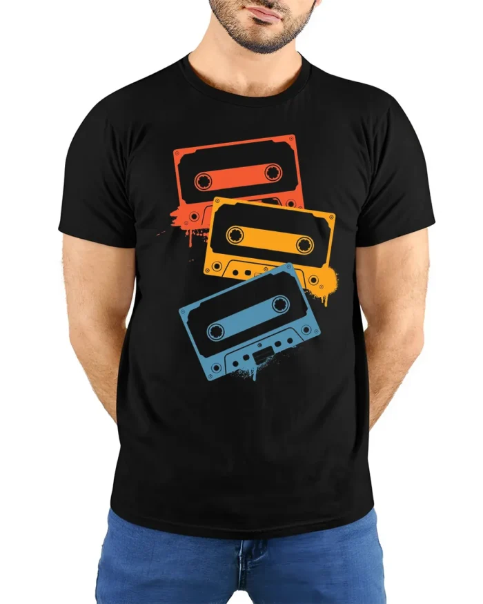 Retro Cassette Tape T-Shirt Vintage 80s Music Tee - model wearing black shirt, hands behind back