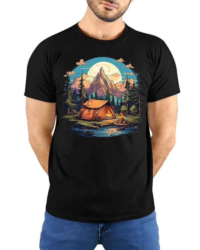 Mountain Camping Adventure T-Shirt Outdoor Nature Tee - model wearing black shirt, hands behind back