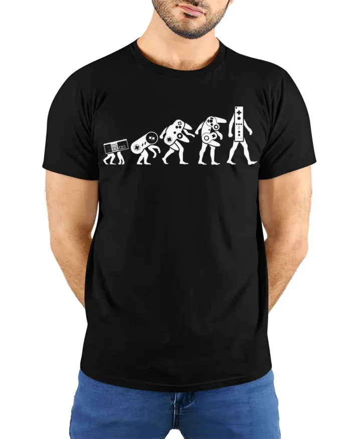 Evolution of Gaming Controllers T-Shirt Retro Gamer Tee - model wearing black shirt, hands behind back