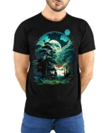 Fantasy Forest Cabin T-Shirt Mystical Moonlight Tee - model wearing black shirt, hands behind back