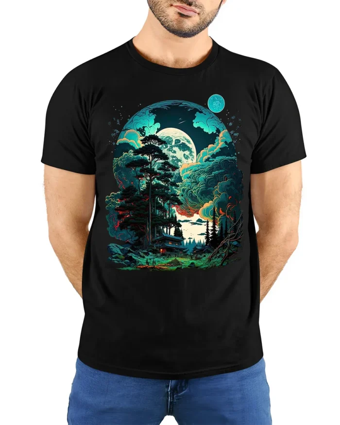 Fantasy Forest Cabin T-Shirt Mystical Moonlight Tee - model wearing black shirt, hands behind back